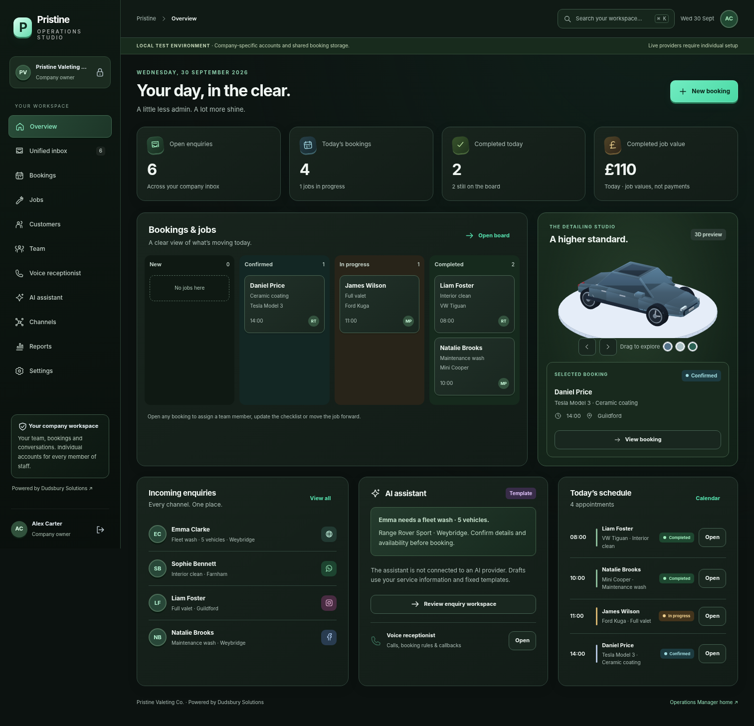 Fictional Pristine Valeting dashboard showing bookings, customers, a vehicle preview and daily schedule.